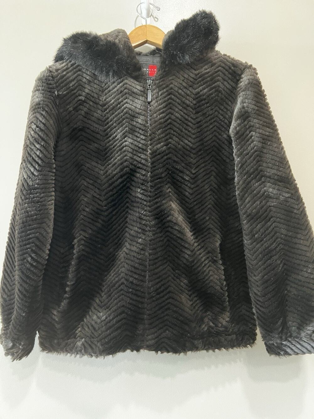 Dark Brown Chevron Winter Coat Black Fox Fur Hooded Jacket Full Zip Warm Size-M